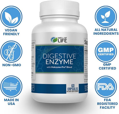 Well of Life Digestive Enzyme: 700mg, 60 Vegetarian Capsules, Enhance Digestive Health, Nutrient Absorption & Gut Health, Lactobacillus, Bromelain, Papain & More, All-Natural, Vegan, Made in USA