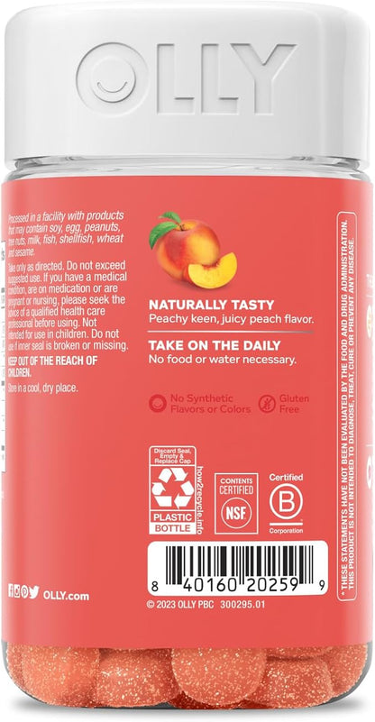 OLLY Probiotic + Prebiotic Gummy, Digestive Support and Gut Health, 500 Million CFUs, Fiber, Adult Chewable Supplement for Men and Women, Peach, 60 Day Supply - 60 Count
