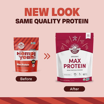 Manitoba Harvest Hemp Yeah! Organic Max Protein Powder, Unsweetened, 32oz; with 20g Protein and 4.5g Omegas 3&6 per Serving, Keto-Friendly, Preservative Free, Non-GMO, Packaging May Vary