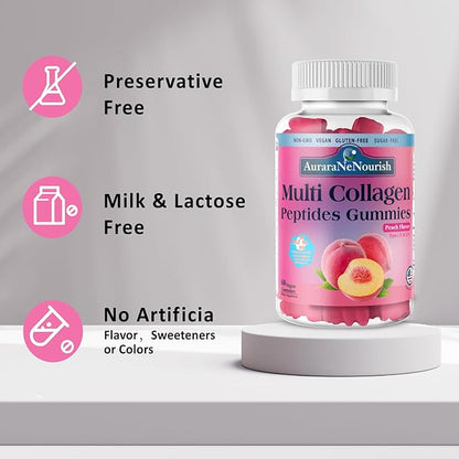 2 Pack Multi Collagen Peptides Gummies, Sugar Free Hydrolyzed 5000mg Protein丨Type I,II,III,V,X with Biotin Hyaluronic Acid Vitamin C A D B6 B12 L-Glutathione for Skin Hair Nail & Joint -Peach