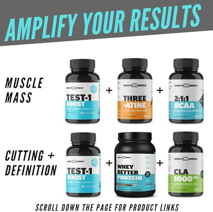 Crazy Muscle Testosterone Booster for Men and Women (over 1,300mg per capsule) to Increase Low Testosterone Levels by Crazy Muscle - Reverse The Effects of Low Test on Muscle and Fat - 90 Pills