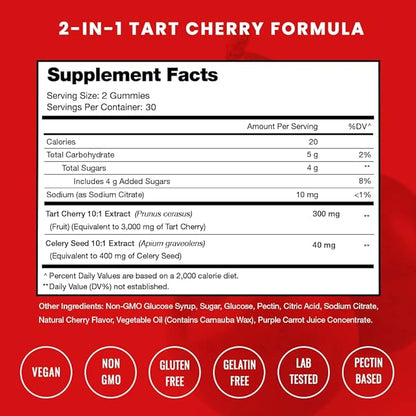 NutraChamps Tart Cherry Gummies - 3000mg Tart Cherry Extract with Celery Seed - Uric Acid Cleanse Supplement - Antioxidant, Joint Comfort, Flexibility, Immune Health, Sleep - 60 Vegan Gummies