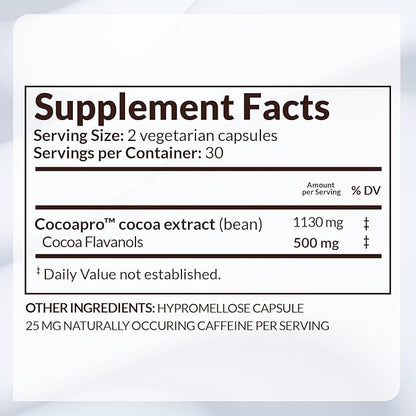 CocoaVia Heart & Brain Supplement, 30 Day, Cocoa Flavanol Extract, Memory & Circulation Booster, Nitric Oxide, Boost Oxygen & Energy, Plant Based, Gluten Free, Vegan, 60 Capsules