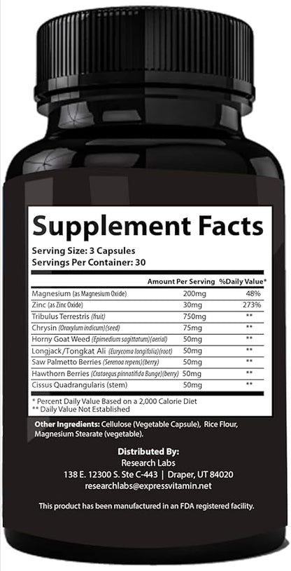 Pharmacist Recommended 2 fer 1 Offer 180ct Testosterone Booster Enhancement by Research Labs. Increase Lean Muscle Energy Strength. Saw Palmetto, Tribulus, Tongkat Ali, Horny Goat Weed, Zinc