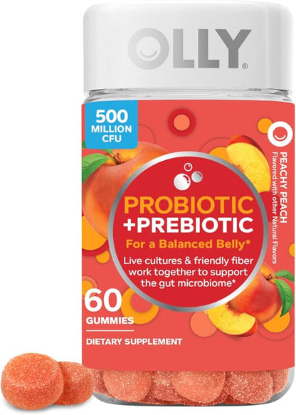 OLLY Probiotic + Prebiotic Gummy, Digestive Support and Gut Health, 500 Million CFUs, Fiber, Adult Chewable Supplement for Men and Women, Peach, 60 Day Supply - 60 Count