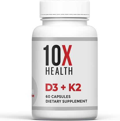 10X Health Vitamin D3 K2 - Loaded with 125 mcg Vitamin D and 90 mcg Vitamin K (Menaquinone 7) - D3 and K2 Supplements That Support Bone Health, Heart and Teeth - 60 Capsules