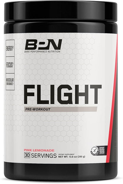 BARE PERFORMANCE NUTRITION BPN Flight Pre Workout, Supports Energy and Mental Focus, Improved Endurance & Muscle Pumps with CarnoSyn® Beta Alanine, Pink Lemonade, 30 Servings
