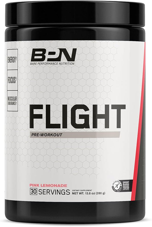 BARE PERFORMANCE NUTRITION BPN Flight Pre Workout, Supports Energy and Mental Focus, Improved Endurance & Muscle Pumps with CarnoSyn® Beta Alanine, Pink Lemonade, 30 Servings