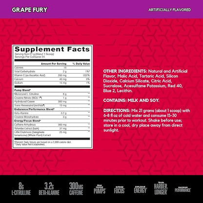 BSN N.O.-XPLODE Vaso Pre Workout Powder with 8g of L-Citrulline and 3.2g Beta-Alanine and Energy, Flavor: Grape Fury, 24 Servings