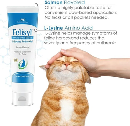 L-Lysine Gel for Cats - Immune System Support - Supplement Support for Healthy Tissue, Respiratory, and Vision - Salmon-Flavored - Made in The USA - 5 oz (6 Pack)