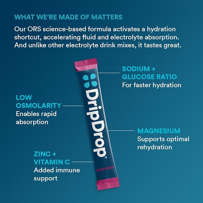 DripDrop Hydration - Sunburst Variety Pack - Electrolyte Drink Mix Single Serve Hydration Powder Packets - Lemon Lime, Strawberry, Peach, Black Cherry | Non-GMO, Gluten Free, Vegan | 32 Sticks