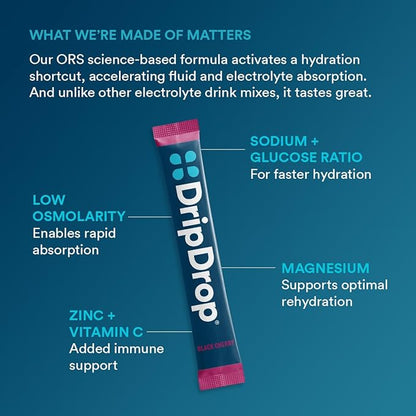 DripDrop Hydration - Sunburst Variety Pack - Electrolyte Drink Mix Single Serve Hydration Powder Packets - Lemon Lime, Strawberry, Peach, Black Cherry | Non-GMO, Gluten Free, Vegan | 32 Sticks