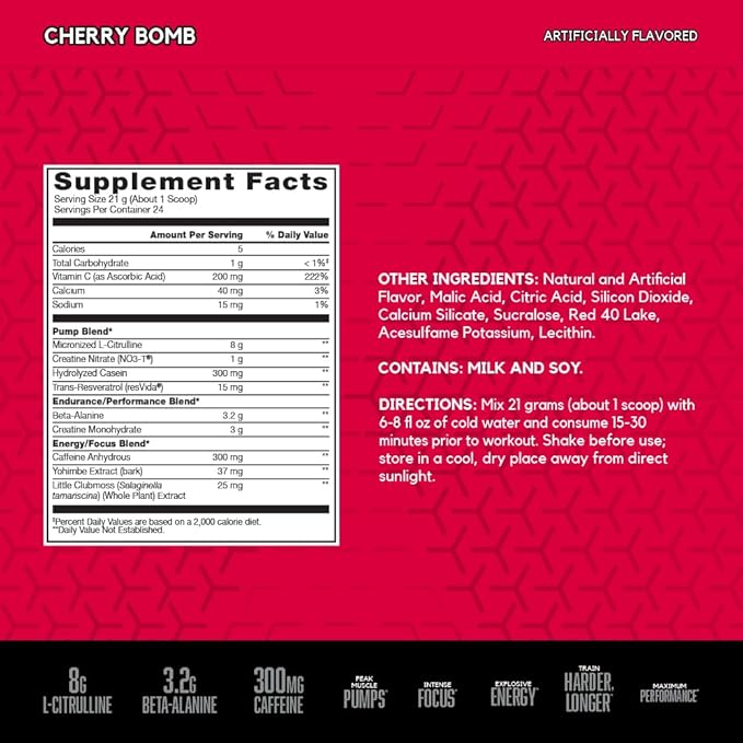 BSN N.O.-XPLODE Vaso Pre Workout Powder with 8g of L-Citrulline and 3.2g Beta-Alanine and Energy, Flavor: Cherry Bomb, 24 Servings