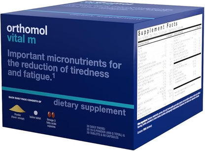 Orthomol Vital M Powder & Tablet Packet for Men, 30-Day Vitamin Supplement – Daily Energy, Fatigue Reduction & Vitality Support with Vitamins A, B, C, D, E, K, Omega-3 & Iodine