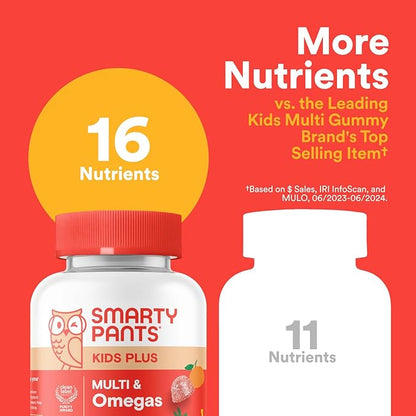 SmartyPants Kids Multivitamin Gummies - Improved Formula: Omega 3 (DHA/EPA), Vitamins D3, C, B12, B6, Vitamin A, K & Zinc, Gluten Free, Three Fruit Flavors, 60 Count (30 Day Supply)