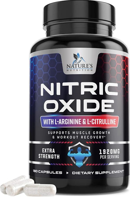 Extra Strength Nitric Oxide Supplement L Arginine 3X Strength - Citrulline Malate, AAKG, Beta Alanine - Premium Muscle Supporting Nitric Oxide Booster for Strength & Energy Supplements - 180 Capsules