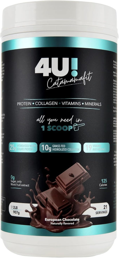 4U! Chocolate Protein Powder, 25g Hydrolyzed Whey Isolate, 10g Hydrolyzed Collagen, 19 Vitamins & Minerals, No Sugar, Gluten Free, 2 lbs (907g)