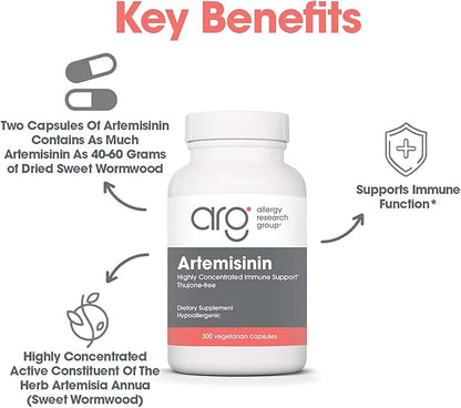 Allergy Research Group Artemisinin Supplement - GI Tract Support, Pure Qinghaosu from Artemisia annua, Thujone-Free, Hypoallergenic, Vegetarian Capsules - 300 Count