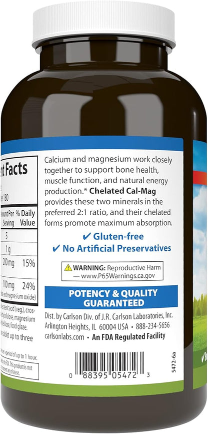 Carlson - Chelated Cal-Mag, 2:1 Calcium to Magnesium Ratio, Bone Support, Muscle Function & Energy Production, 180 Tablets