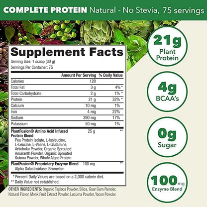 PlantFusion Complete Vegan Protein Powder - Plant Based Protein Powder with BCAAs, Digestive Enzymes and Pea Protein - Keto, Gluten Free, Non-Dairy, No Sugar, Non-GMO - Natural- No Stevia 5 lb Bulk