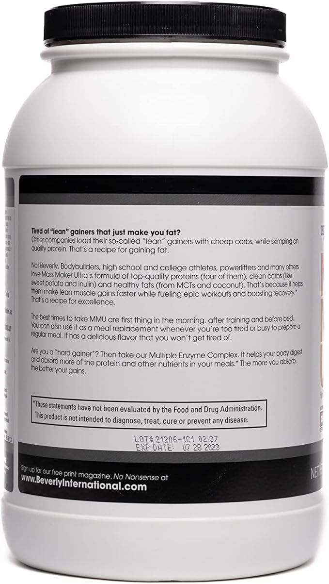 Beverly International Mass Maker Ultra Chocolate, 14 Servings, 3lb. Build Lean Mass Like a Pro!! Milk Protein Isolate, Whey Protein Isolate + Egg. MCT Oil. Clean Carbs, Great taste!