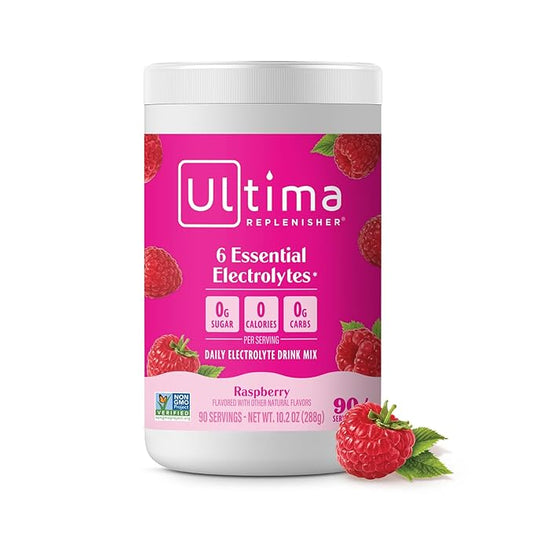 Ultima Replenisher Daily Electrolyte Drink Mix – Raspberry, 90 Servings – Hydration Powder with 6 Key Electrolytes & Trace Minerals – Keto Friendly, Vegan, Non-GMO & Sugar-Free Electrolyte Powder