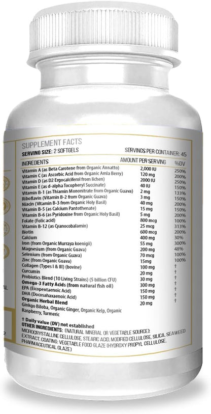 ACTIF Organic Multivitamin for Women Age 70+ with 20+ Advanced Factors and Omega-3, Non-GMO, Made in USA, 90 Count