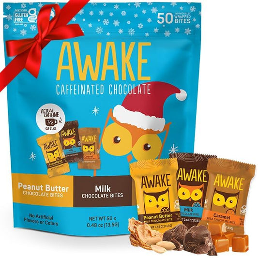 AWAKE - Caffeinated Chocolate Bites - Coffee Alternative - 50mg Caffeine - Energy Bars - Low-Calorie Snacks - Peanut Butter, Milk & Caramel Holiday Variety Pack - 50 Bites