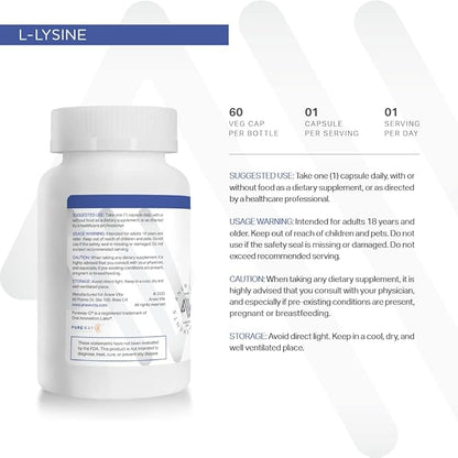 L-Lysine Supplement with Vitamin B12 + C + Zinc for Lip, Mouth, and Oral Tissue Health - Enhanced Wellness Support - Non-GMO, Gluten-Free - Made in USA - 60 Vegetable Capsules, 500mg