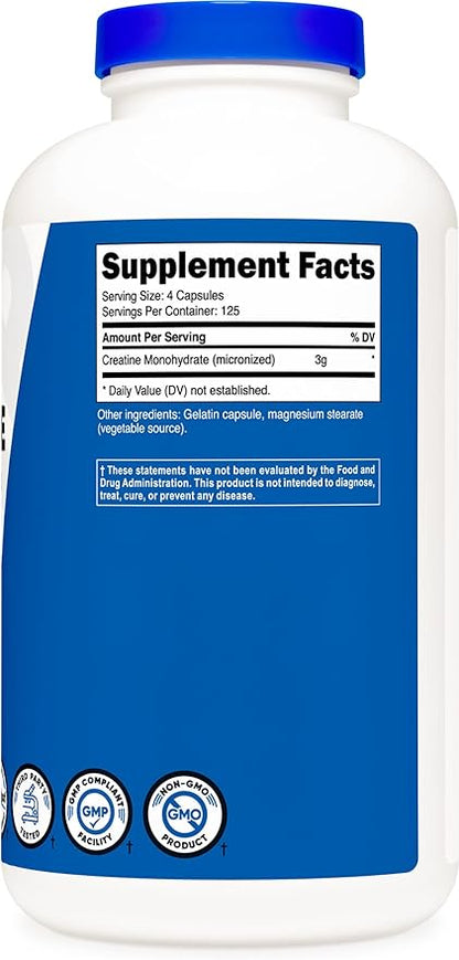 Nutricost Creatine Monohydrate 3000mg Serving, (750mg Per Capsule), 500 Capsules (2 Bottles)