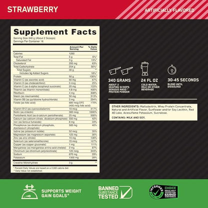 Optimum Nutrition Serious Mass, Weight Gainer Protein Powder, Mass Gainer, Vitamin C and Zinc for Immune Support, Creatine, Strawberry, 12 Pound (Packaging May Vary)
