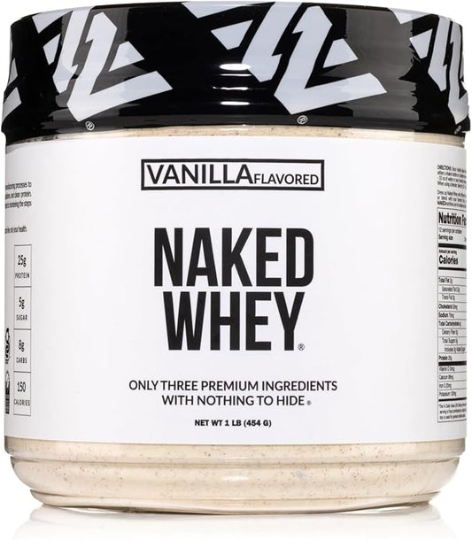Naked Vanilla Whey Protein 1Lb, Only 3 Ingredients, All Natural Grass Fed Whey Protein Powder + Vanilla + Coconut Sugar- GMO-Free, Soy Free, Gluten Free. Aid Muscle Growth, 12 Servings