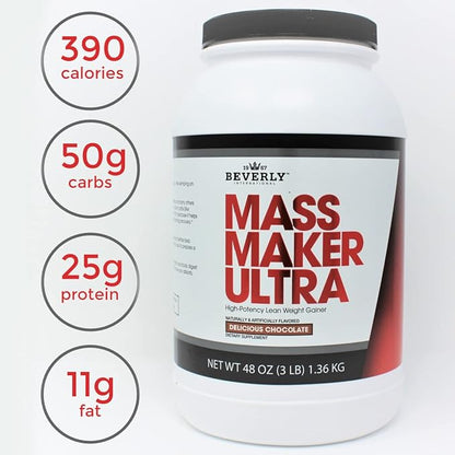 Beverly International Mass Maker Ultra Chocolate, 14 Servings, 3lb. Build Lean Mass Like a Pro!! Milk Protein Isolate, Whey Protein Isolate + Egg. MCT Oil. Clean Carbs, Great taste!