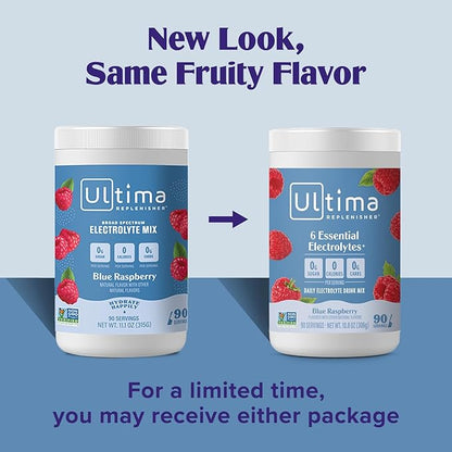Ultima Replenisher Daily Electrolyte Drink Mix – Blue Raspberry, 90 Serving – Hydration Powder with 6 Key Electrolytes & Trace Minerals – Keto Friendly, Vegan, Non-GMO & Sugar-Free Electrolyte Powder