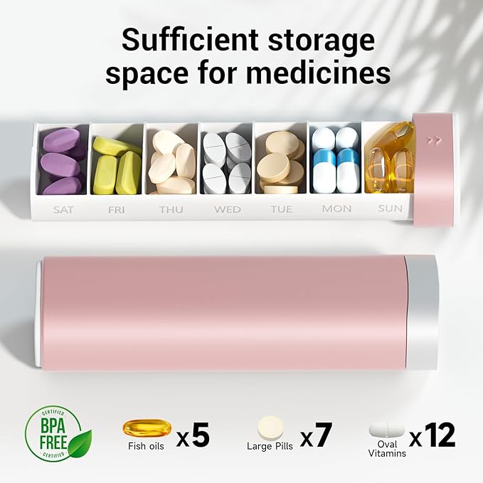 Weekly Pill Organizer 7 Day, Betife Daily Pill Box, Travel Pill Case, Cute Pill Holder to Hold Vitamins, Medicines, Supplements, Pills Organizer(Pink)