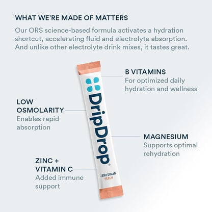 DripDrop Hydration - Zero Sugar Peach - Electrolyte Drink Mix Single Serve Hydration Powder Packets | Non-GMO, Gluten Free, Vegan | 32 Sticks