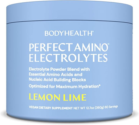 BodyHealth PerfectAmino Electrolytes Powder, Hydration Powder, Sugar Free Electrolyte Drink Mix, Keto Electrolytes Powder, Non GMO, Lemon Lime Flavor (60 Servings)