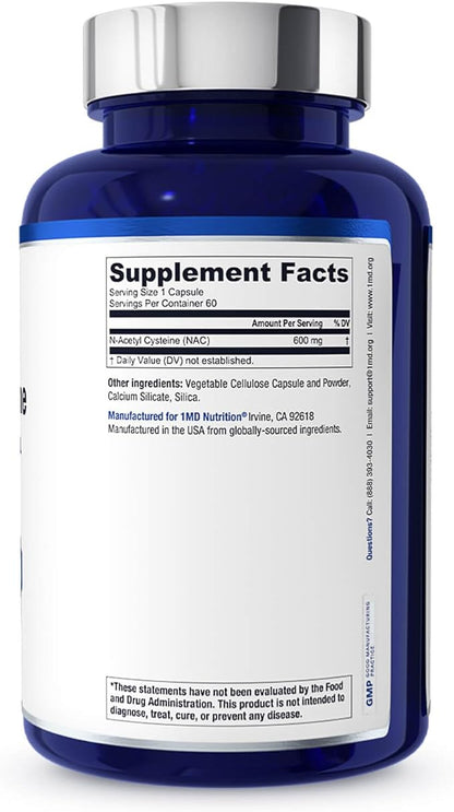 1MD Nutrition NAC Supplement N-Acetyl Cysteine - NAC 600 mg - Antioxidant Supplement Supports Detox and Glutathione Production - N Acetylcysteine Respiratory Supplement for Lung Health - 60 Capsules