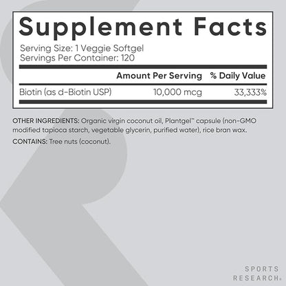Sports Research Vegan Biotin 10,000mcg with Coconut Oil - Max Strength Biotin Vitamin B7 for Skin and Keratin Support - Non-GMO & Gluten Free, 120 Softgels (4 Month Supply)