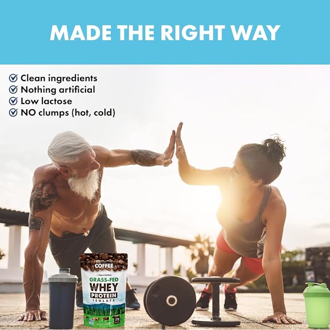 Coffee Whey Protein Powder - Low Carb & Keto Friendly - Grass Fed Whey Isolate + Colombian Coffee - 60 mg Caffeine for Energy - Pre or Post Workout Drink Mix, Latte, Shake & Smoothie - 1 Pound