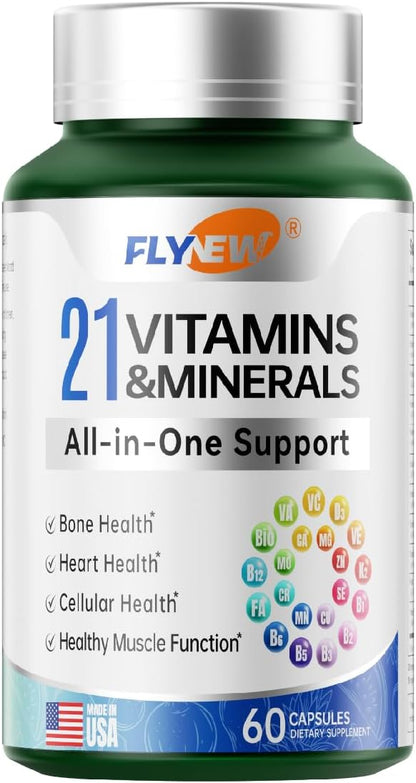 21 Vitamins &Minerals, All-in-One Support, Magnesium for Women and Men Made in USA, Vitamin A, Vitamin C, Vitamin K2, Vitamin D3, Vitamin E, Vitamin B12, B6, Folate, Biotin, 60 Capsules