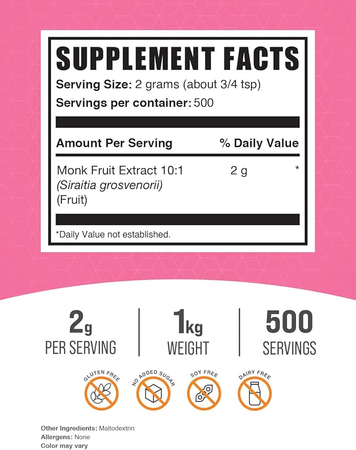 BulkSupplements.com Monk Fruit Extract Powder - Luo Han Guo - Pure Monk Fruit - Monk Fruit Powder - Monk Fruit Without Erythritol - 2g or Monk Fruit Extract per Serving (1 Kilogram - 2.2 lbs)
