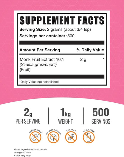 BulkSupplements.com Monk Fruit Extract Powder - Luo Han Guo - Pure Monk Fruit - Monk Fruit Powder - Monk Fruit Without Erythritol - 2g or Monk Fruit Extract per Serving (1 Kilogram - 2.2 lbs)