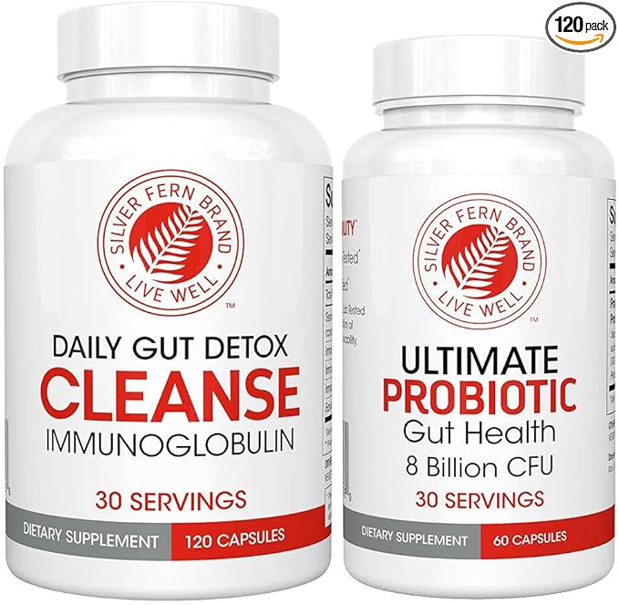Silver Fern Gut Rehab Kit - 30 Day Supply - Cleanse Daily Detox (1 Bottle = 120 Capsules) & Ultimate Probiotic (1 Bottle = 60 Capsules) - Immunoglobulins & Spore Forming Probiotics
