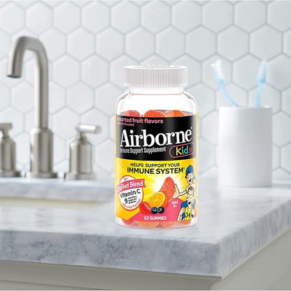 Airborne Kids 500mg Vitamin C Gummies, Kids Immune Support Zinc Gummies with Powerful Antioxidants VIT C & E - 63 Gummies, Assorted Fruit Flavor (Pack of 2)