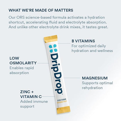 DripDrop Hydration - Zero Sugar Passion Fruit - Electrolyte Drink Mix Single Serve Hydration Powder Packets | Non-GMO, Gluten Free, Vegan | 32 Sticks