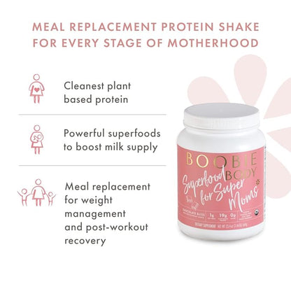 Boobie Body Superfood Protein Shake for Moms, Pregnancy Protein Powder, Lactation Support to Increase Milk Supply, Probiotics, Organic, Diary-Free, Gluten-Free, Vegan - Chocolate Bliss (20 servings)