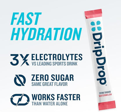 DripDrop Hydration - Zero Sugar Watermelon - Electrolyte Drink Mix Single Serve Hydration Powder Packets | Non-GMO, Gluten Free, Vegan | 32 Sticks