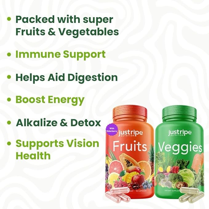 Fruits and Veggies Supplement - 90 Fruit and 90 Veggies Capsules (2 Pack) - 100% Whole Natural Superfood - Filled with Vitamins and Minerals - Supports Energy Levels - Made
