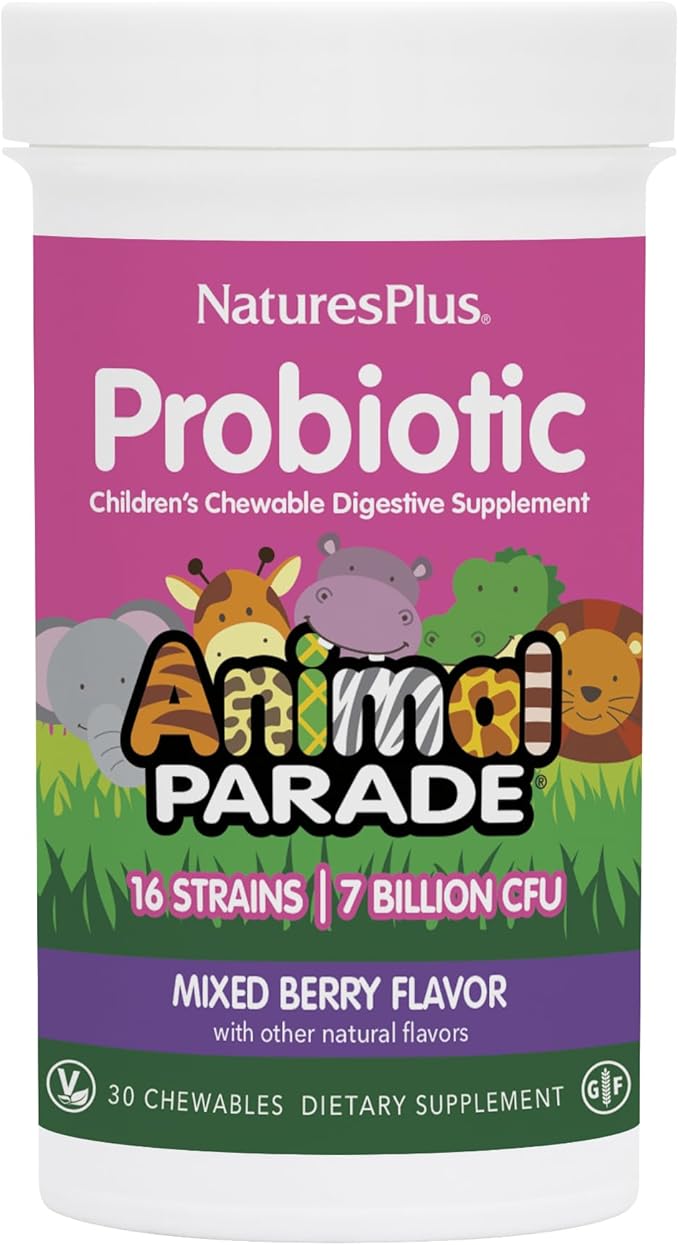Natures Plus Animal Parade Probiotic, Mixed Berry - 30 Chewables - Children’s Digestion Supplement - Supports Gut Health & Immune Function - Vegan, Gluten Free - 30 Servings